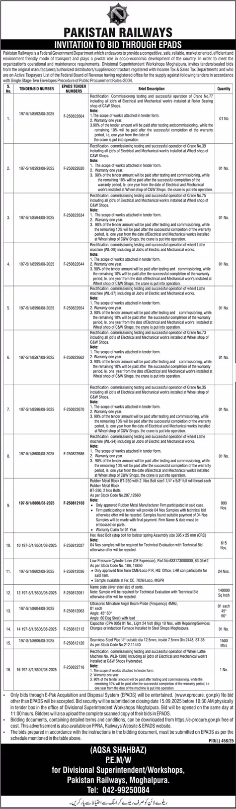 Pakistan Railways Lahore Tender Notice